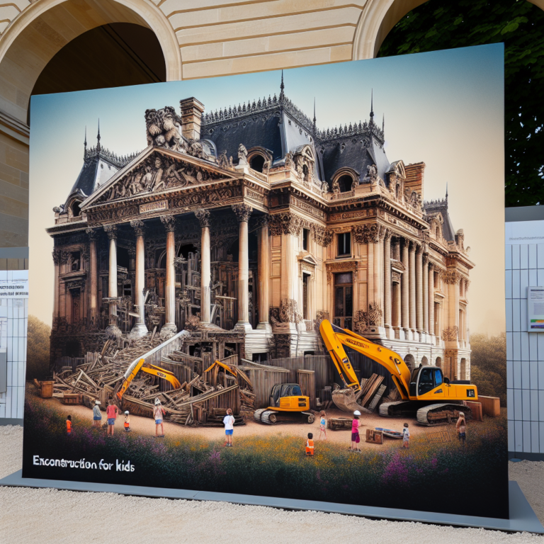 "A captivating photography for children capturing the historical significance of the suspended demolition of the Pavillon des Sources at the Institut Curie in Paris."