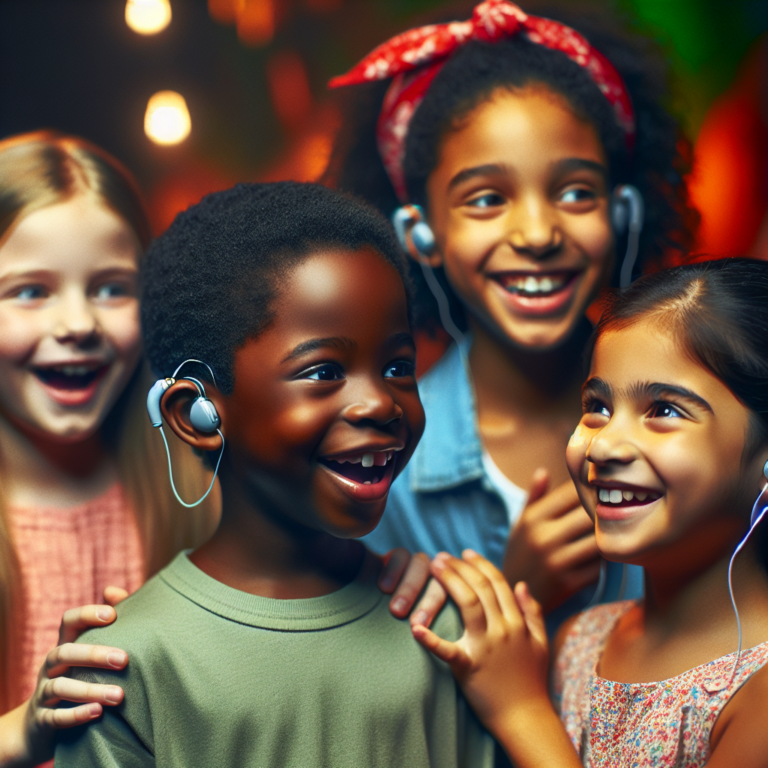 "A captivating photography for children of various individuals wearing hearing aids, showcasing how these devices can enhance their lives and promote better communication."