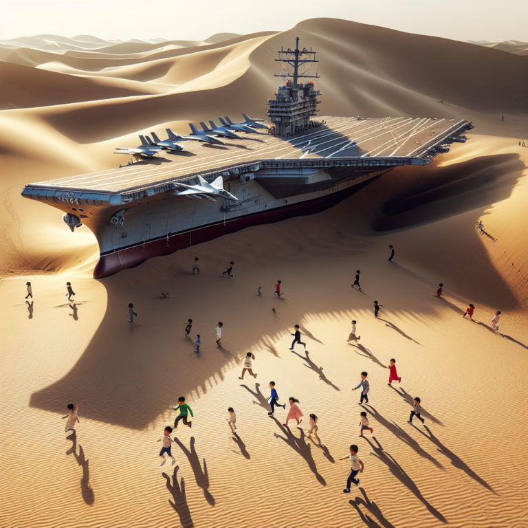 "A fun photography for children of a giant replica of an American aircraft carrier found in the Chinese desert."