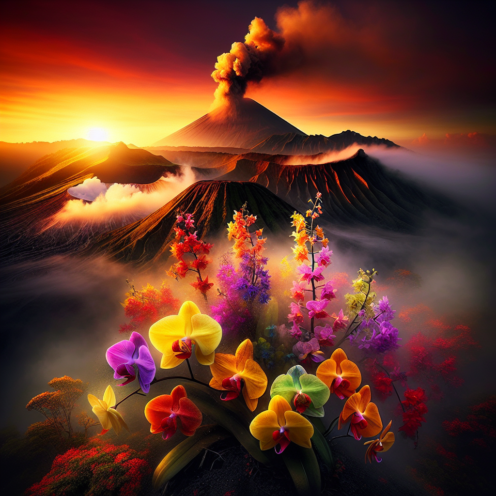 "A captivating photography for children of the newly discovered vibrant orchid species atop an Indonesian volcano."