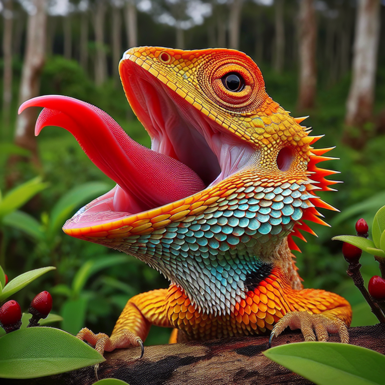 "A photography for children of the newly discovered Calotes wangi lizard with its vibrant orange tongue, showcasing the wonders of nature."