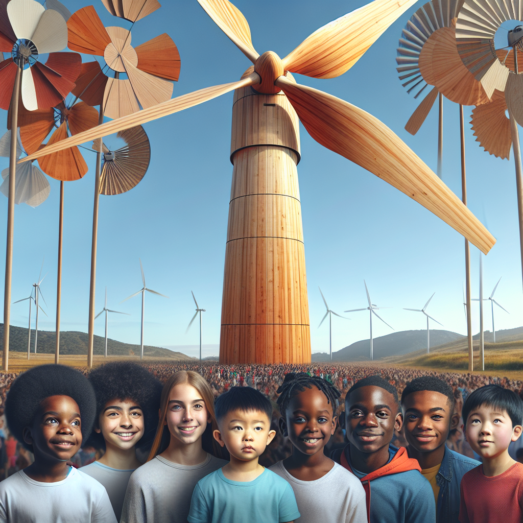 "A photography for children of the world's largest wooden wind turbine, revolutionizing clean energy production."