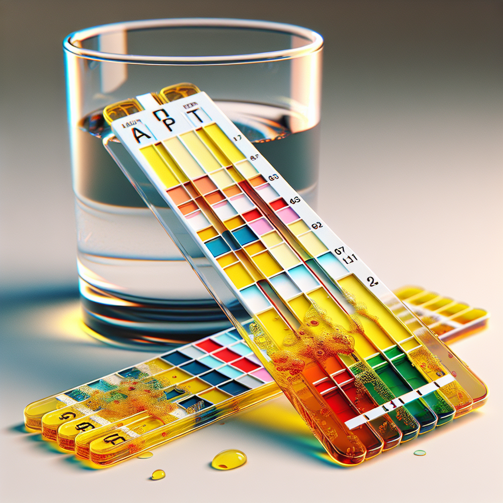 "A captivating photograph of a colorful urine test strip and a glass of water, portraying the fascinating science behind the yellow hue of urine and the importance of staying hydrated."