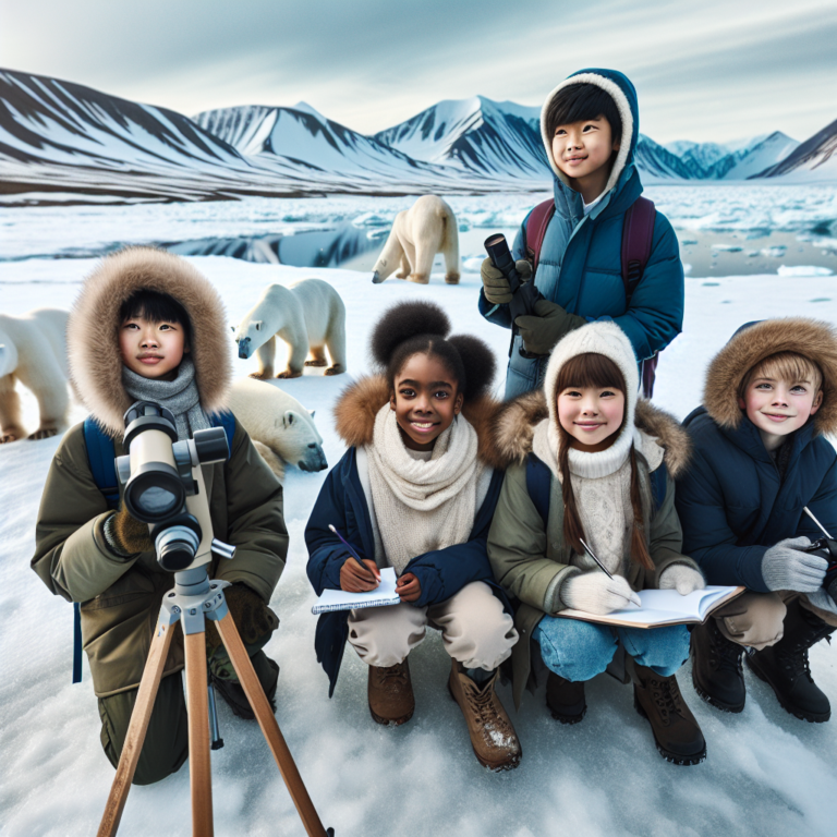 A photography for children of scientists studying the effects of climate change on polar bears in the Arctic.