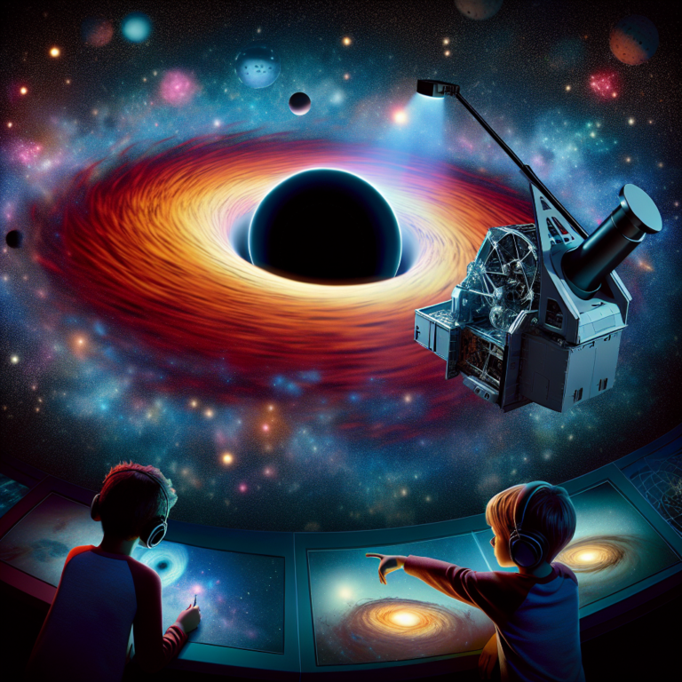 "A photography for children of the fascinating and mysterious James-Webb space telescope capturing the most distant supermassive black hole ever observed!"