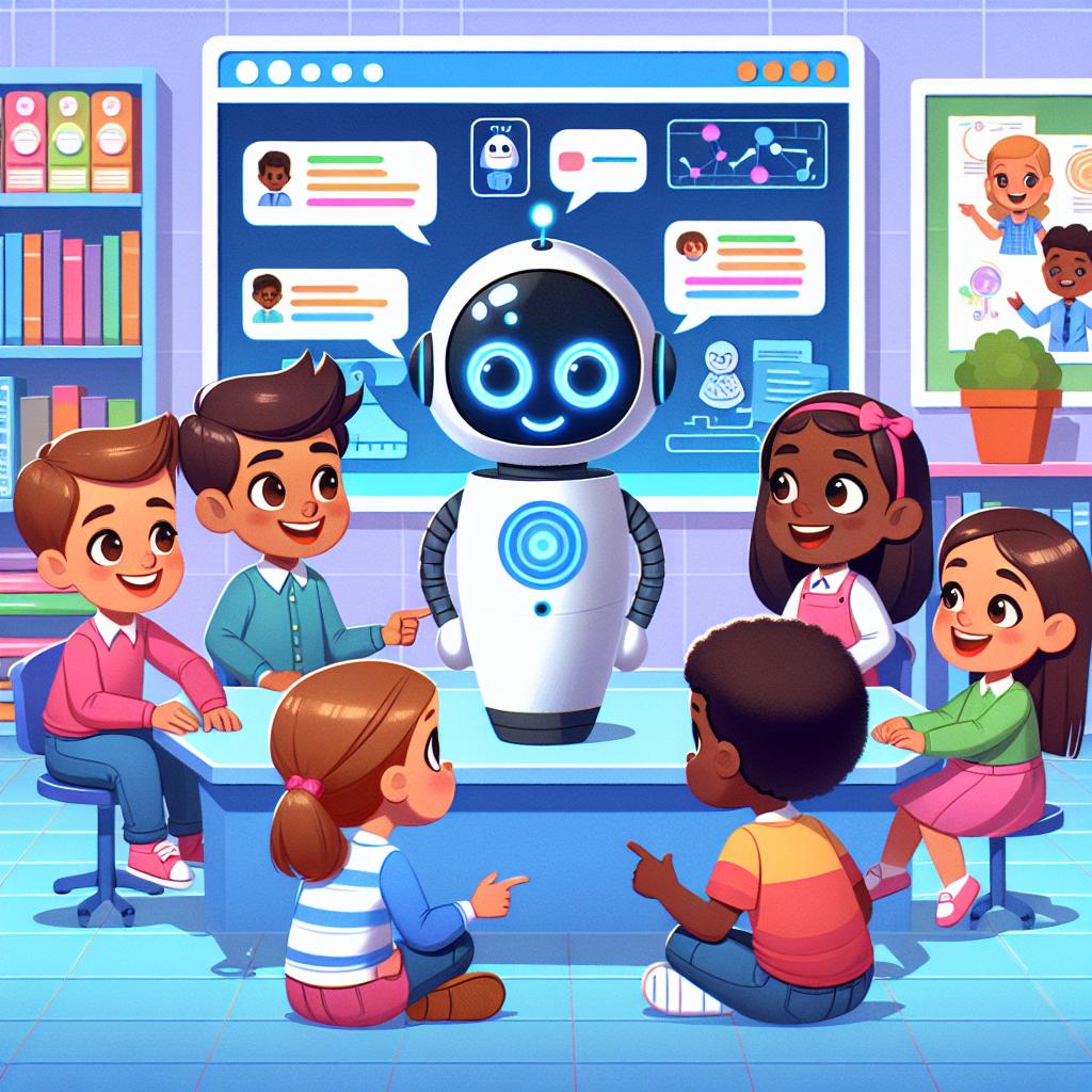 "A photography for children of Meta's AI-powered chatbot Meta AI engaging in interactive and educational conversations."