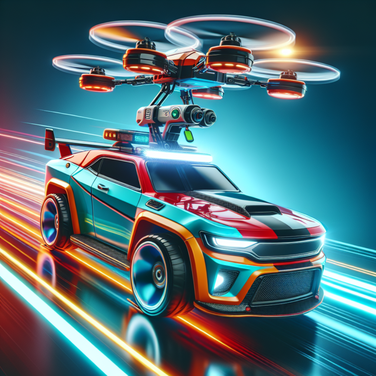 A photography for children of a car with a drone on its roof, providing thrilling adventures and life-saving missions!