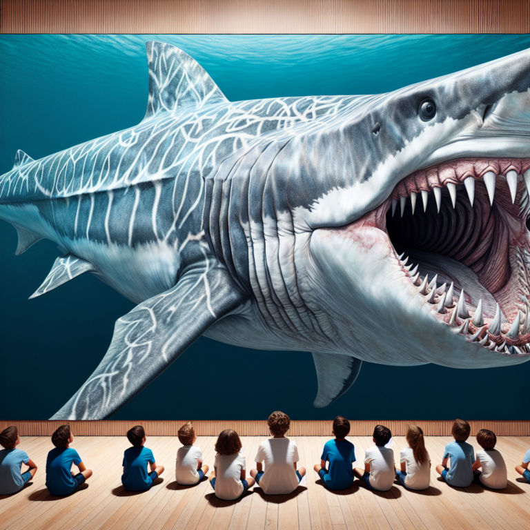 "A captivating photograph for children of the awe-inspiring megalodon, showcasing its massive size and unique features that challenge our previous assumptions about its appearance."