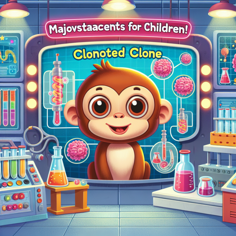 "A captivating photograph for children of Retro, the cloned monkey, showcasing the astounding breakthrough in science."