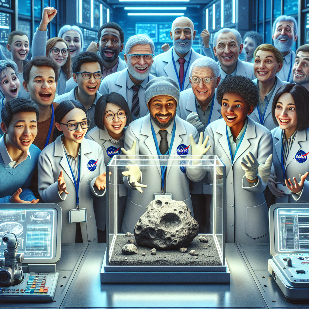 "A captivating photography for children of the NASA team unveiling the long-awaited samples from an asteroid!"