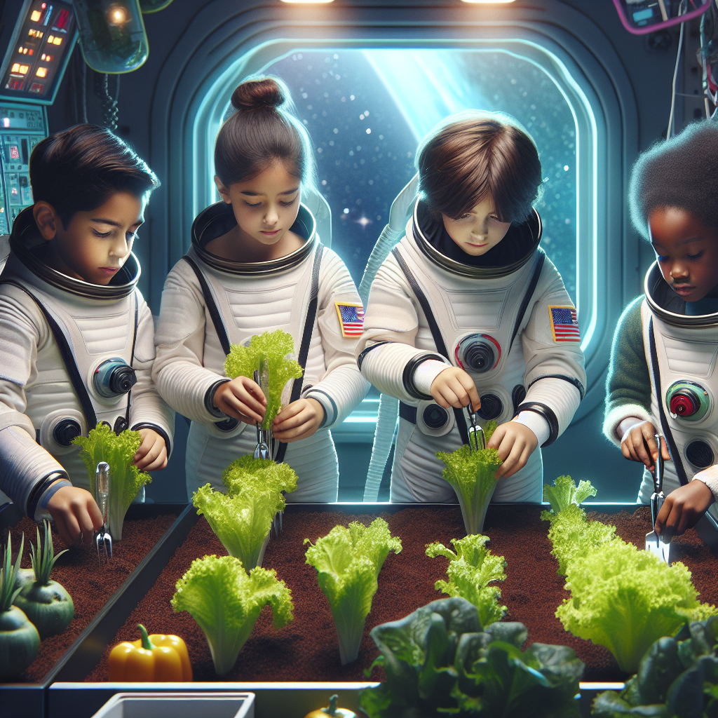 "A captivating photography for children of astronauts exploring the challenges of growing salad in space."