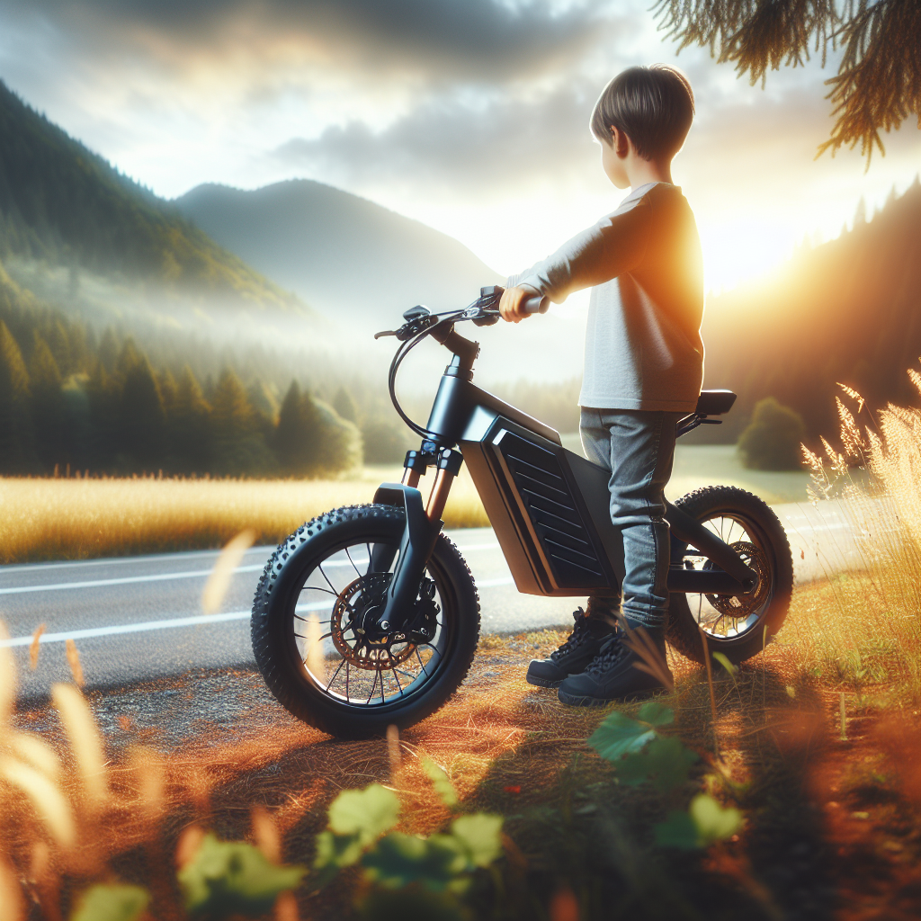 "A captivating photography for children of the sleek and versatile DYU C1 electric bike, perfect for urban commutes and exciting adventures in nature!"