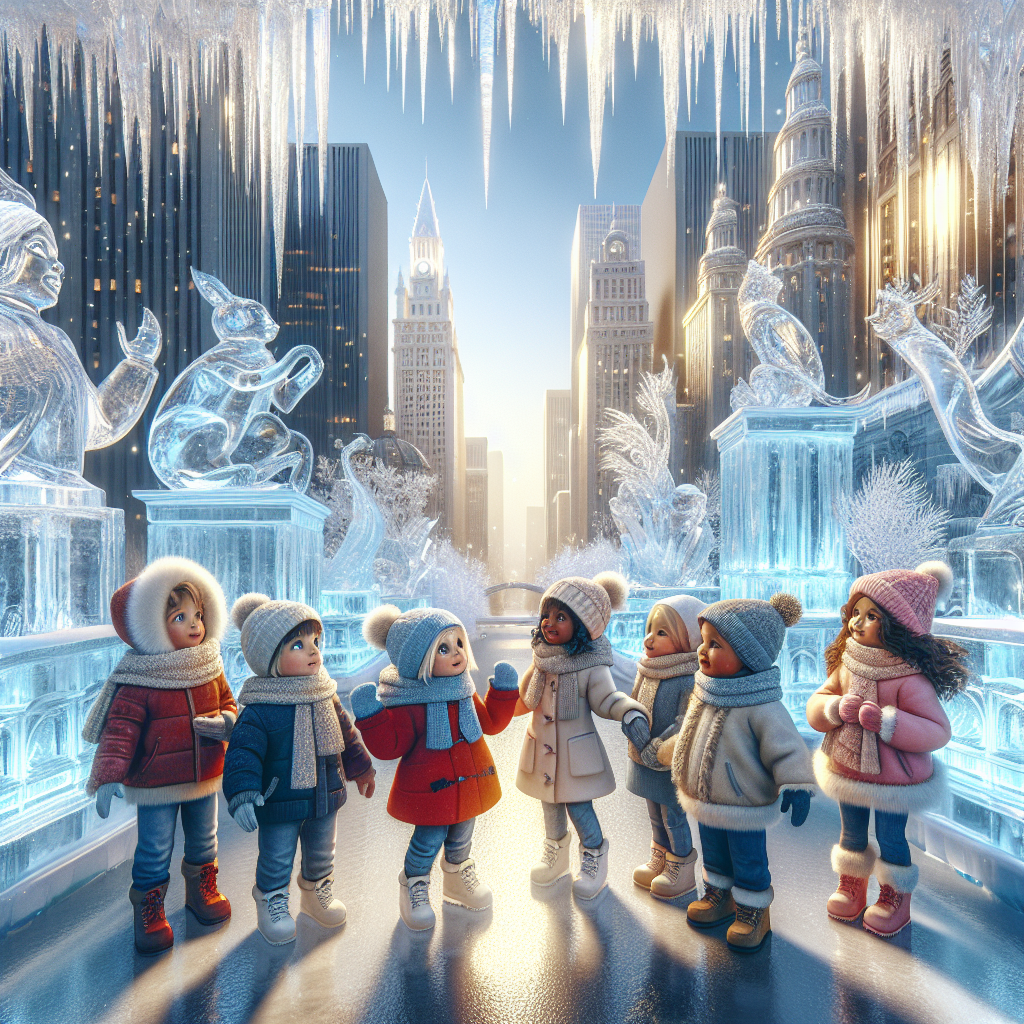 "A photography for children of mesmerizing ice sculptures transforming cities into frozen fairytale landscapes."
