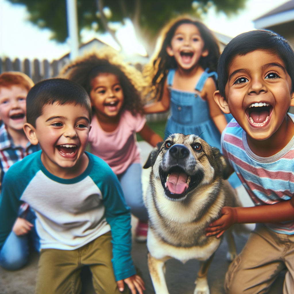 "A photography for children of a playful dog wagging its tail with joy."