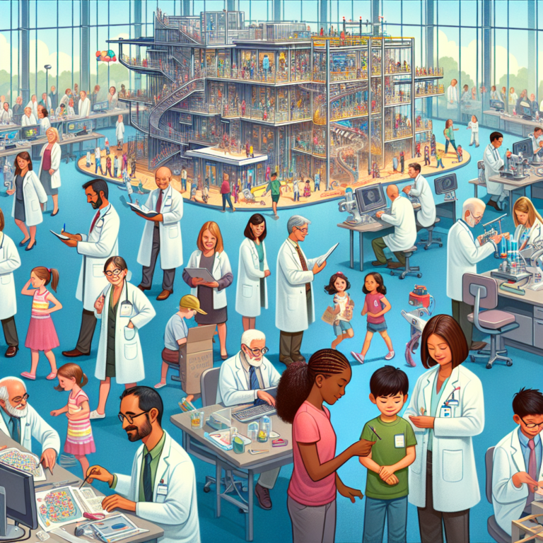 "A captivating photography for children depicting the construction of a groundbreaking cancer research laboratory, and the passionate scientists working tirelessly to find new treatments."