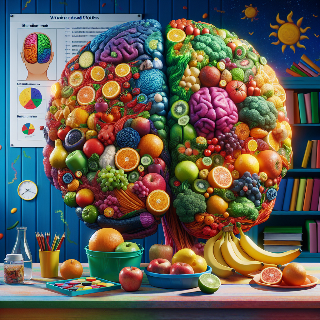 "A photography for children of colorful fruits and vegetables, emphasizing the importance of a healthy diet for brain health and prevention of Alzheimer's disease."