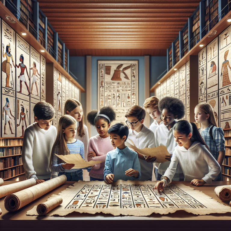 A photography for children of the ancient papyrus scrolls being analyzed by smart students using cutting-edge technology.