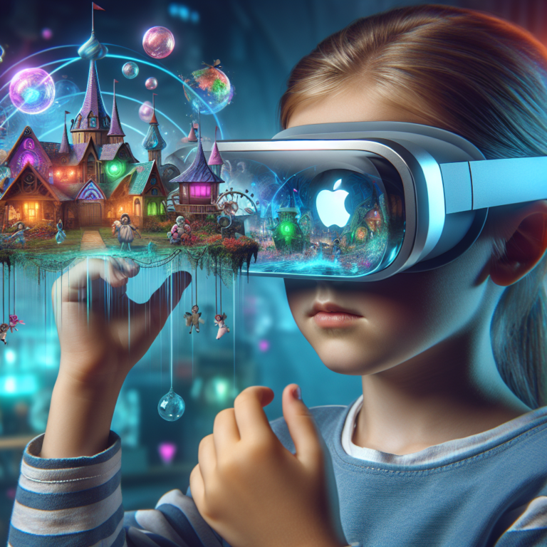 "A photography for children of the mesmerizing augmented reality experience with Apple Vision Pro glasses."