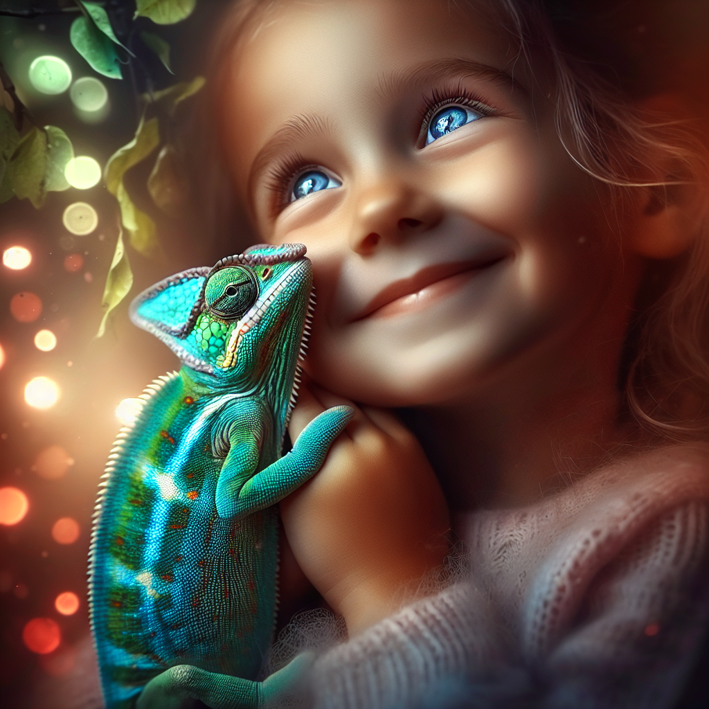 "A heartwarming children's photography capturing the vibrant colors of a chameleon's final display."