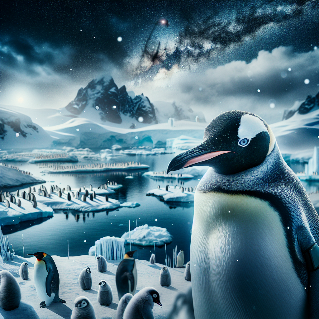 "A captivating photography for children of a majestic royal penguin in Antarctica, raising awareness about the impact of avian influenza on this unique ecosystem."