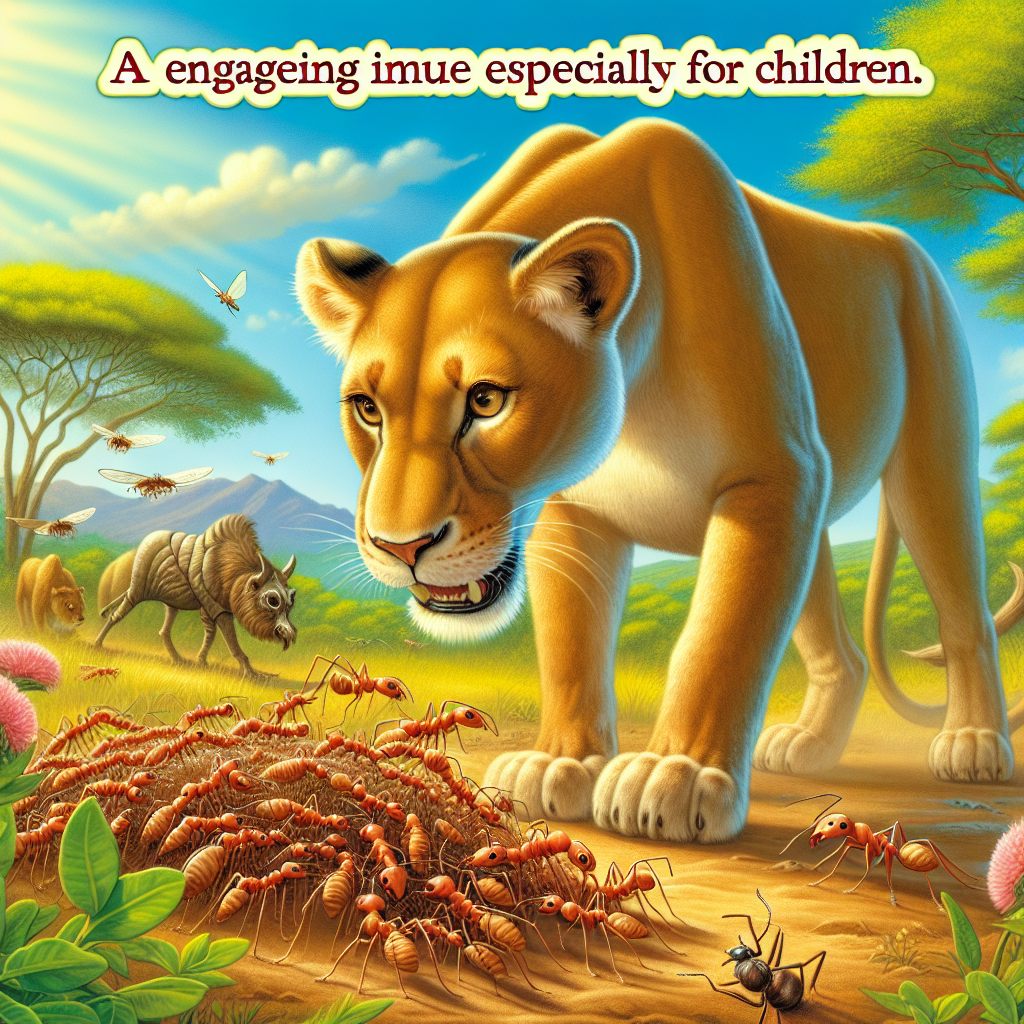 "A captivating photography for children of a lioness strategizing her hunt in the African savannah, impacted by the invasion of an unexpected ant species."