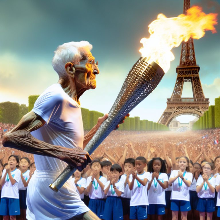 "A captivating photography for children of the legendary 100-year-old Olympic champion carrying the Olympic torch at the Paris 2024 Games!"