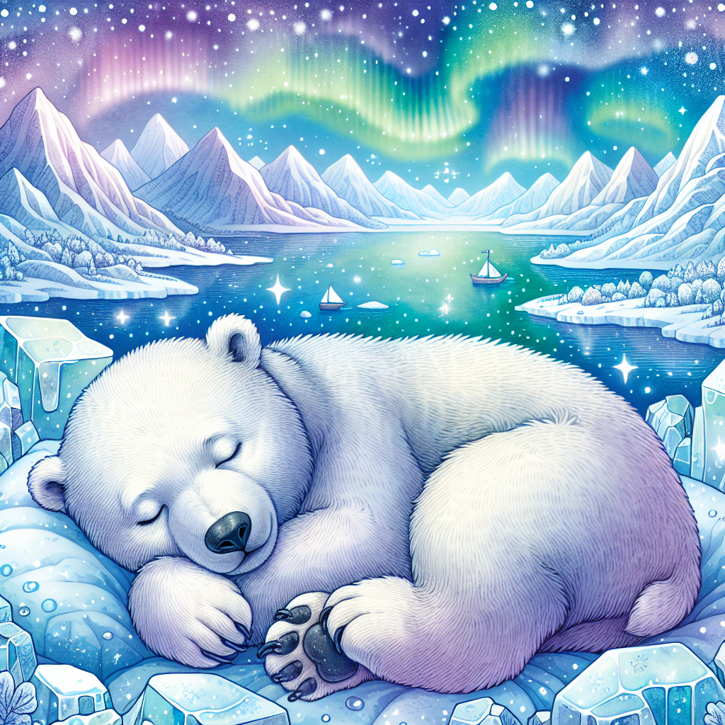 "A captivating wildlife photography for children, showcasing the peaceful beauty of a slumbering polar bear on an ice bed."