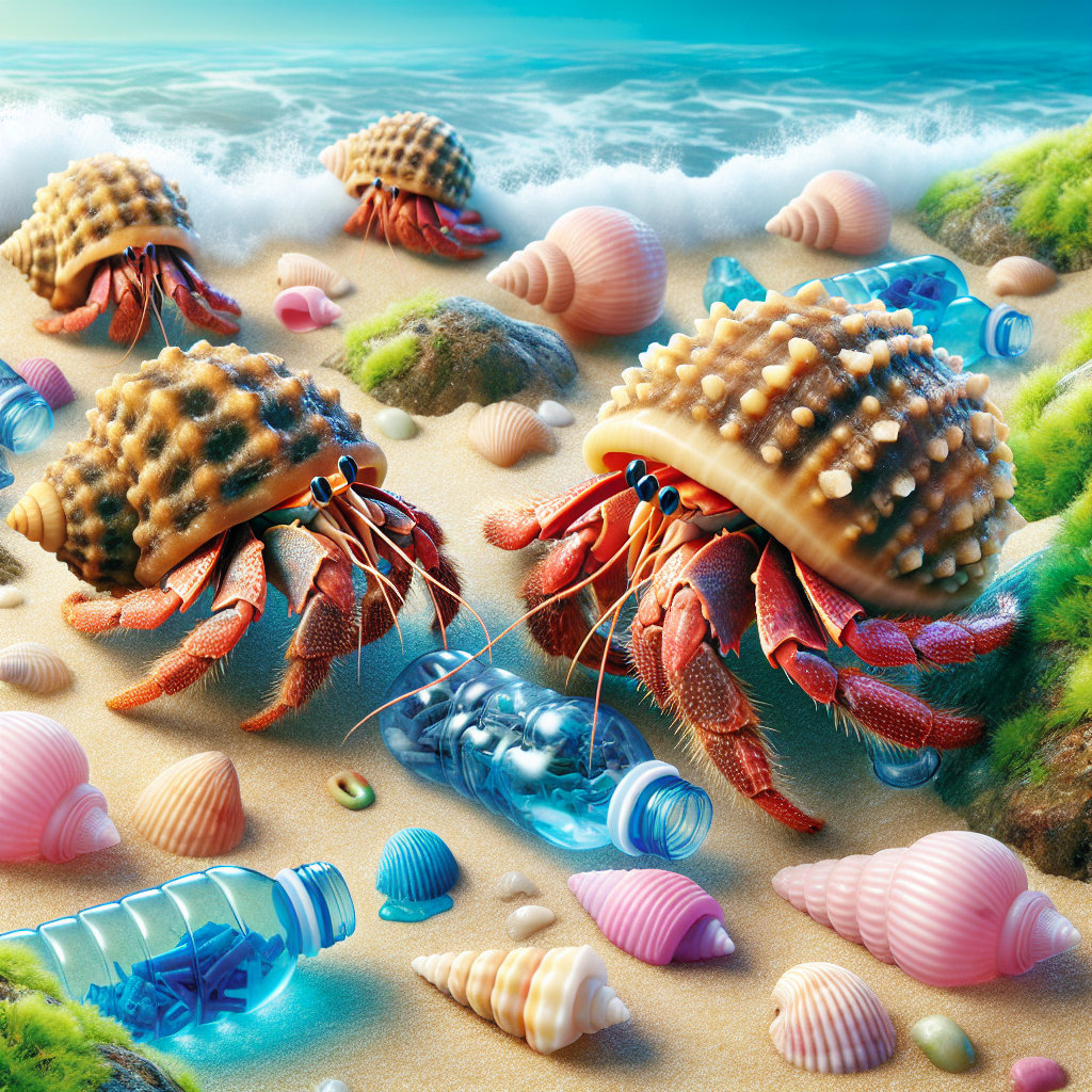 "A captivating photography for children of hermit crabs trading their natural shells for plastic debris as a consequence of human pollution in oceans."