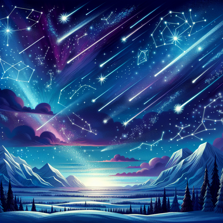 "a captivating photography for children of the dazzling winter sky illuminated by shooting stars and enchanting constellations."