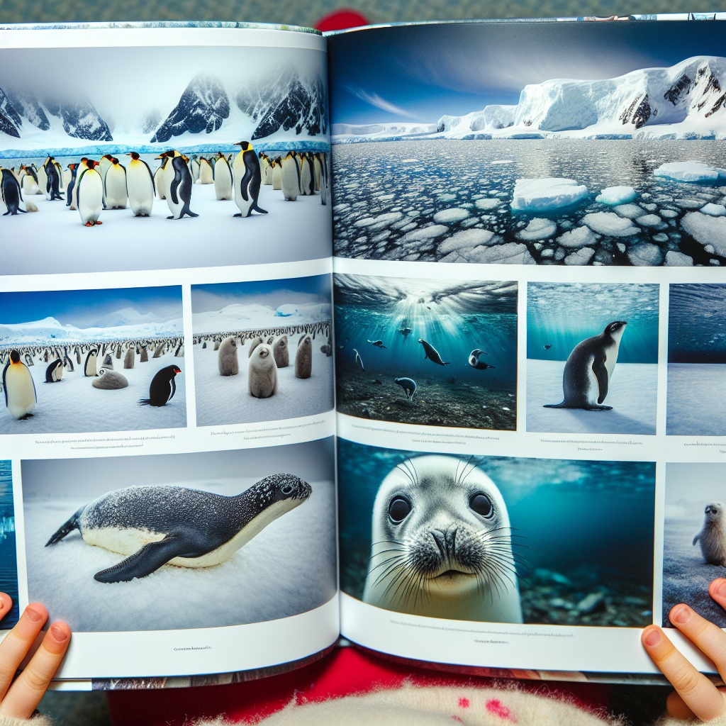 "A captivating photography book for children, showcasing the stunning landscapes and unique wildlife of Antarctica as the ice continues to melt."