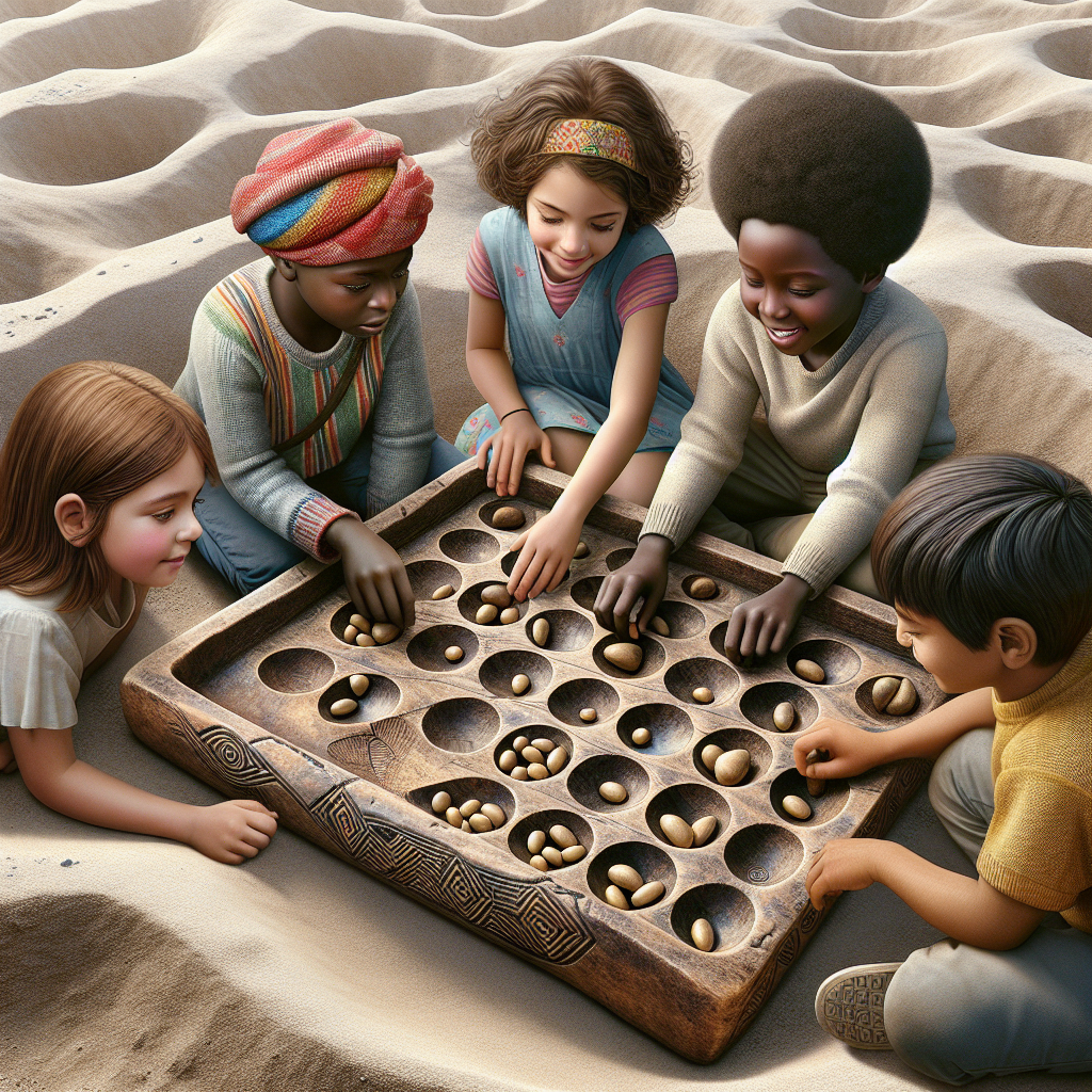 "A photography for children of the ancient Mancala game board discovered in Africa, revealing a glimpse of the past through play."