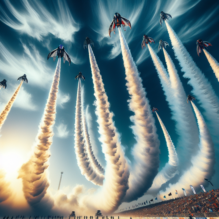 "A photography for children of the exhilarating Dubai Jet Suit Race, capturing the awe-inspiring flight of jetpacks as they soar through the sky!"