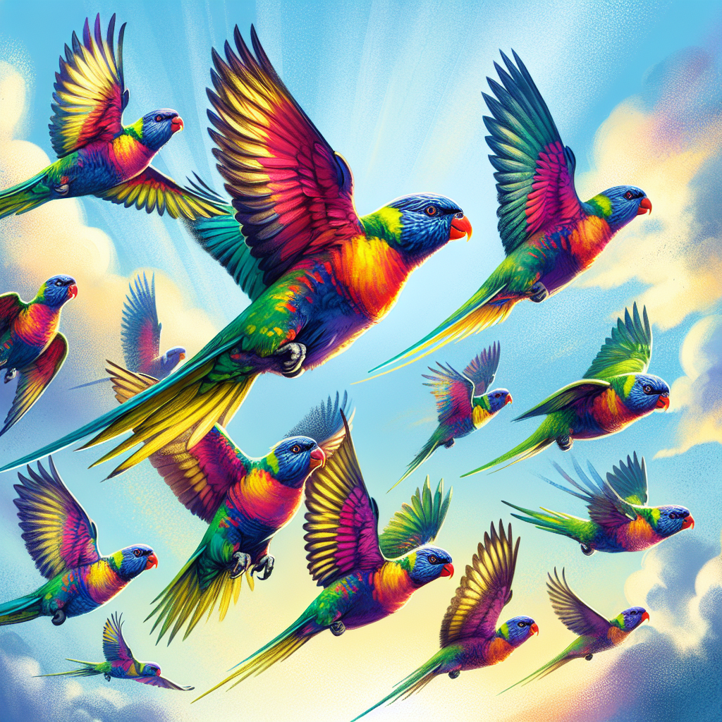 "Capture the vibrant beauty of the rainbow lorikeets as they soar through the sky in this captivating photography for children."