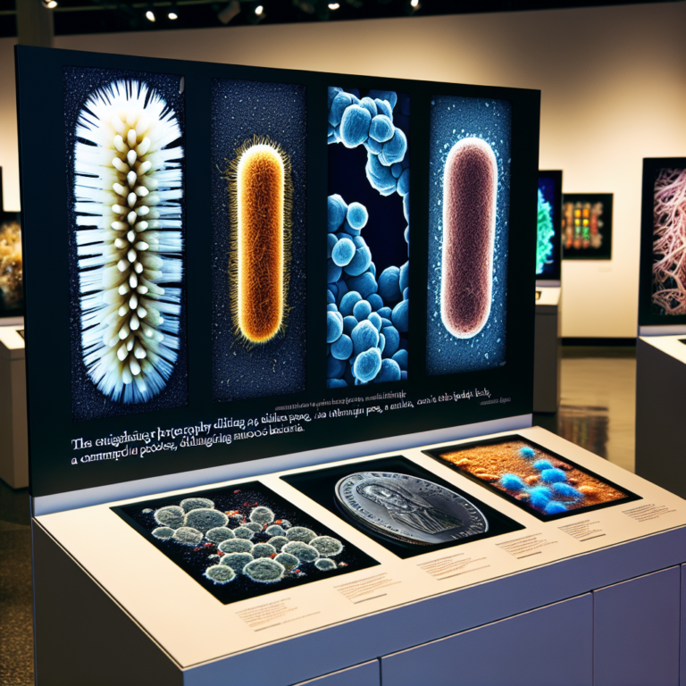 "A captivating photography exhibit for children showcasing the fascinating world of microscopic bacteria found in everyday objects."