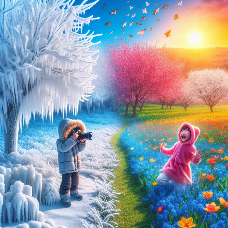 "Capture the magical transition between winter and spring with a photography for children of the surprising temperatures in France!"