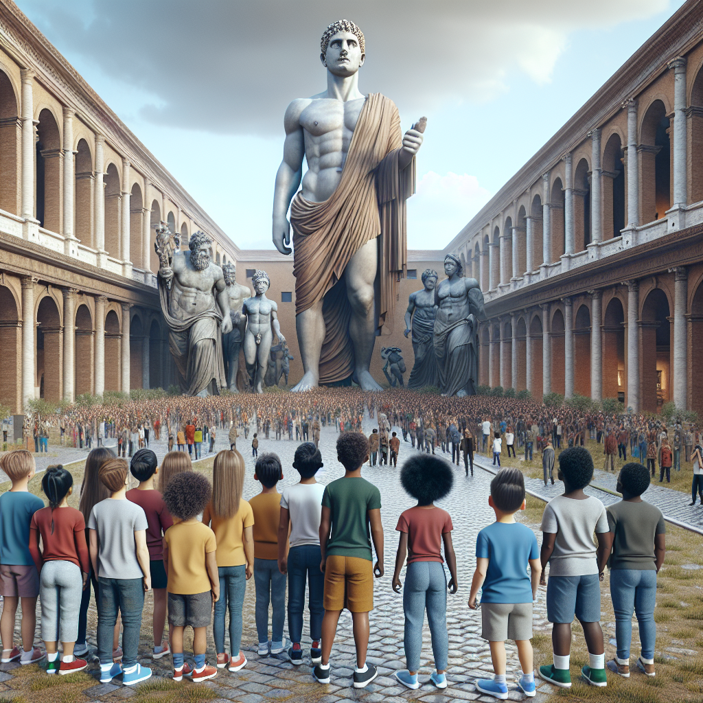 "A photography for children of the reconstituted giant statue of Emperor Constantine the Great in Rome, revealing the awe-inspiring blend of history, archaeology, and modern technology."