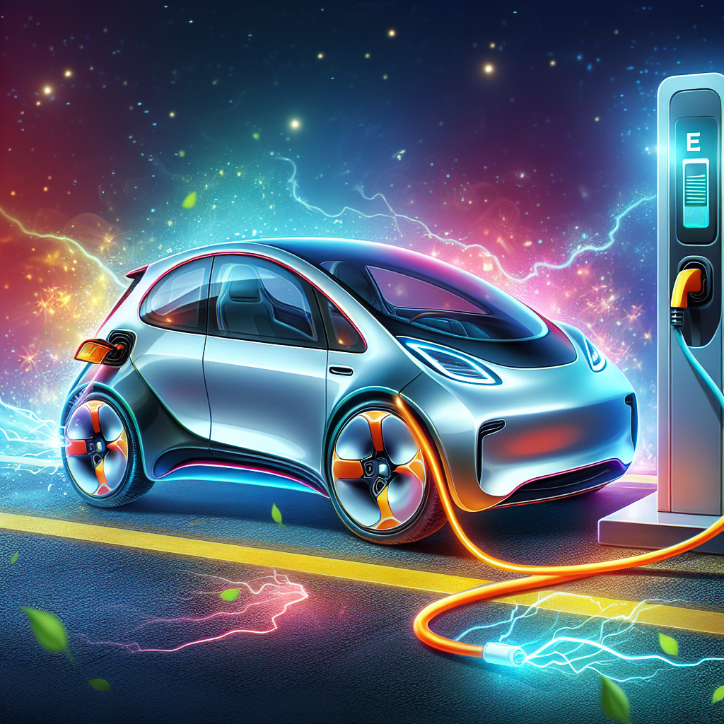 "A photography for children of a futuristic electric car being charged with the innovative NACS standard created by Tesla."