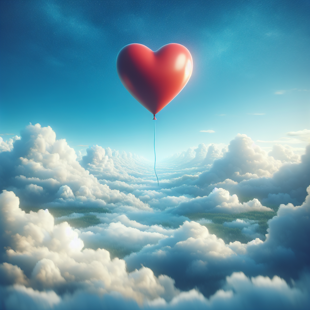 "A photography for children of a heart-shaped balloon floating high in the sky, symbolizing hope and the potential breakthroughs in gene therapy for heart failure."