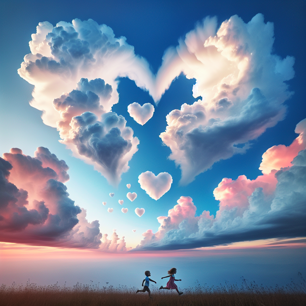 "A photography for children of the beautiful heart-shaped clouds, a whimsical reminder of love and nature's artistry in the sky."