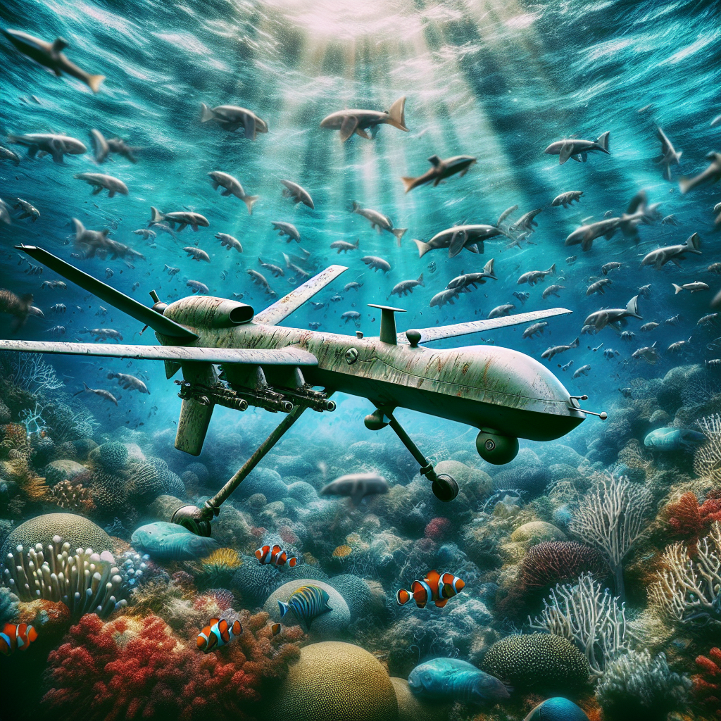 "A captivating underwater photography for children, showcasing the amazing world of marine life and the innovative combat drone developed by France."