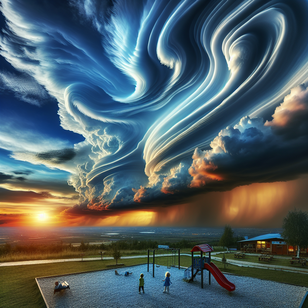 "A captivating photography for children of a breathtaking 'beaver tail' cloud formation during a powerful thunderstorm."