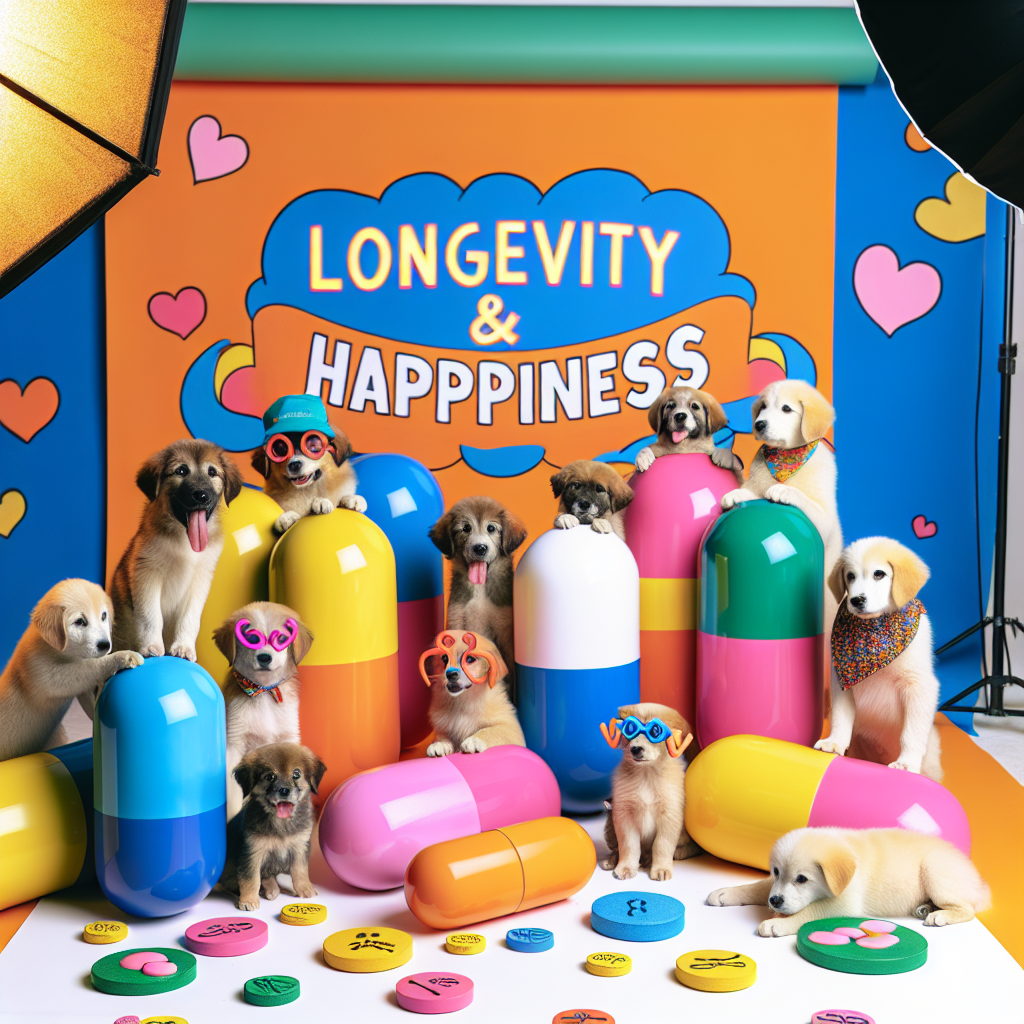 "A photo shoot for children of dogs testing a new pill for longevity and happiness!"
