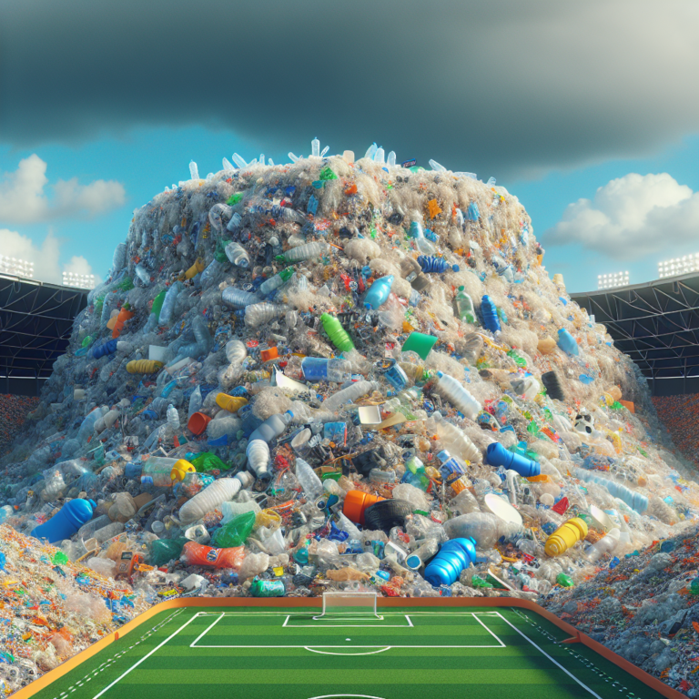 A photography for children of a huge pile of plastic waste as big as a football stadium, showing the impact of plastic pollution on our planet.