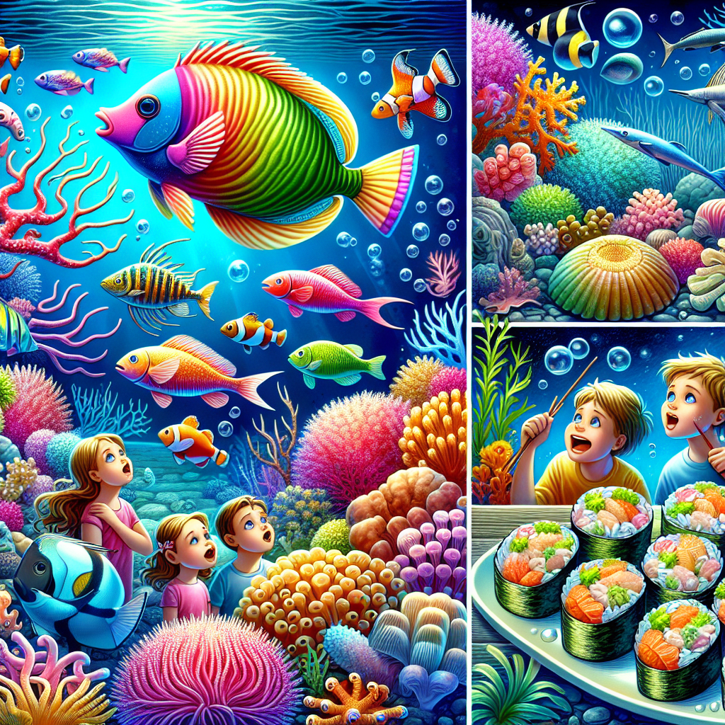 A photo shoot for children of colorful underwater creatures and delicious fish dishes!