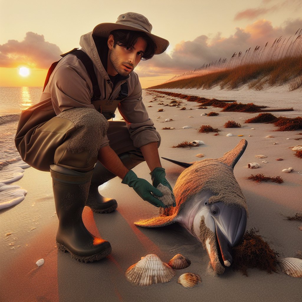 "A captivating marine biologist rescuing a mysterious dried dolphin on a South Carolina beach."
