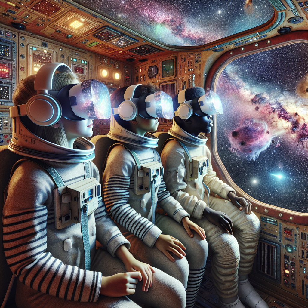 "A photograph for children of astronauts using virtual reality in space."