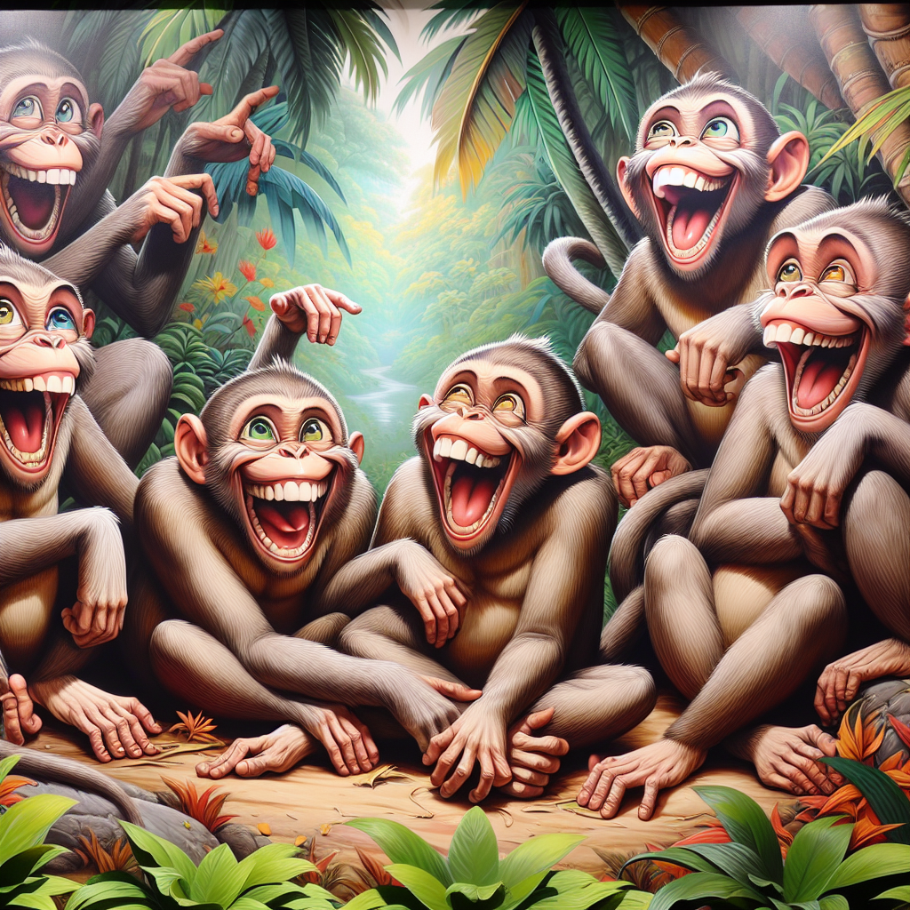 "A hilarious moment captured in a photograph for children of mischievous monkeys sharing a laugh!"