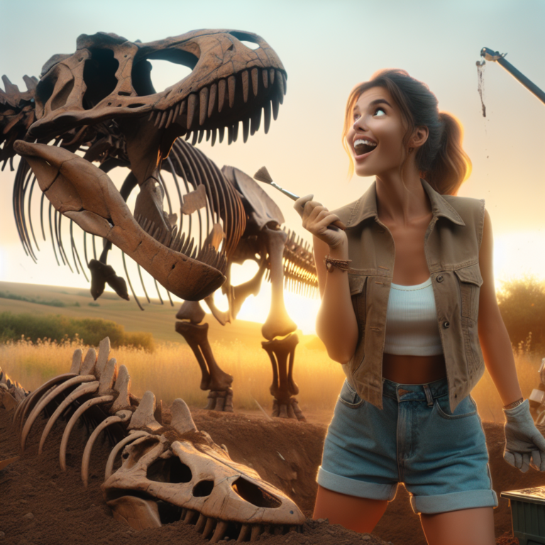 "How about a captivating photograph of a young paleontologist marveling at the nearly complete skeleton of a titanosaur in France?"