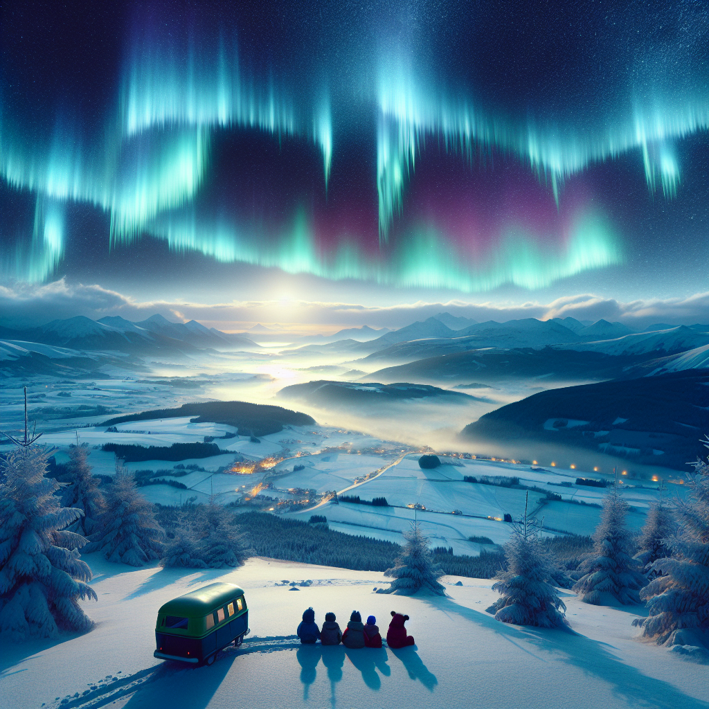 "A captivating image for children of the mesmerizing auroras and their intriguing impact on European winter weather."