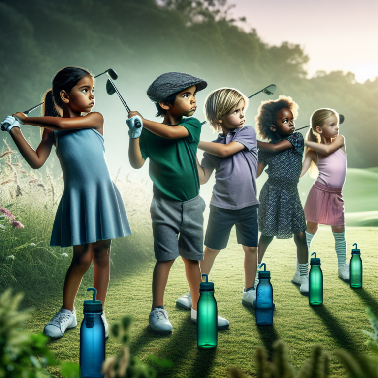 "A captivating photography for children of golfers swinging their clubs amidst lush green fairways, highlighting the debate around the inclusion of golf in the environmentally-conscious Paris 2024 Olympic Games."